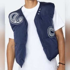 EPTM Puffer Vest Navy with Embroided Paisley Print Unisex